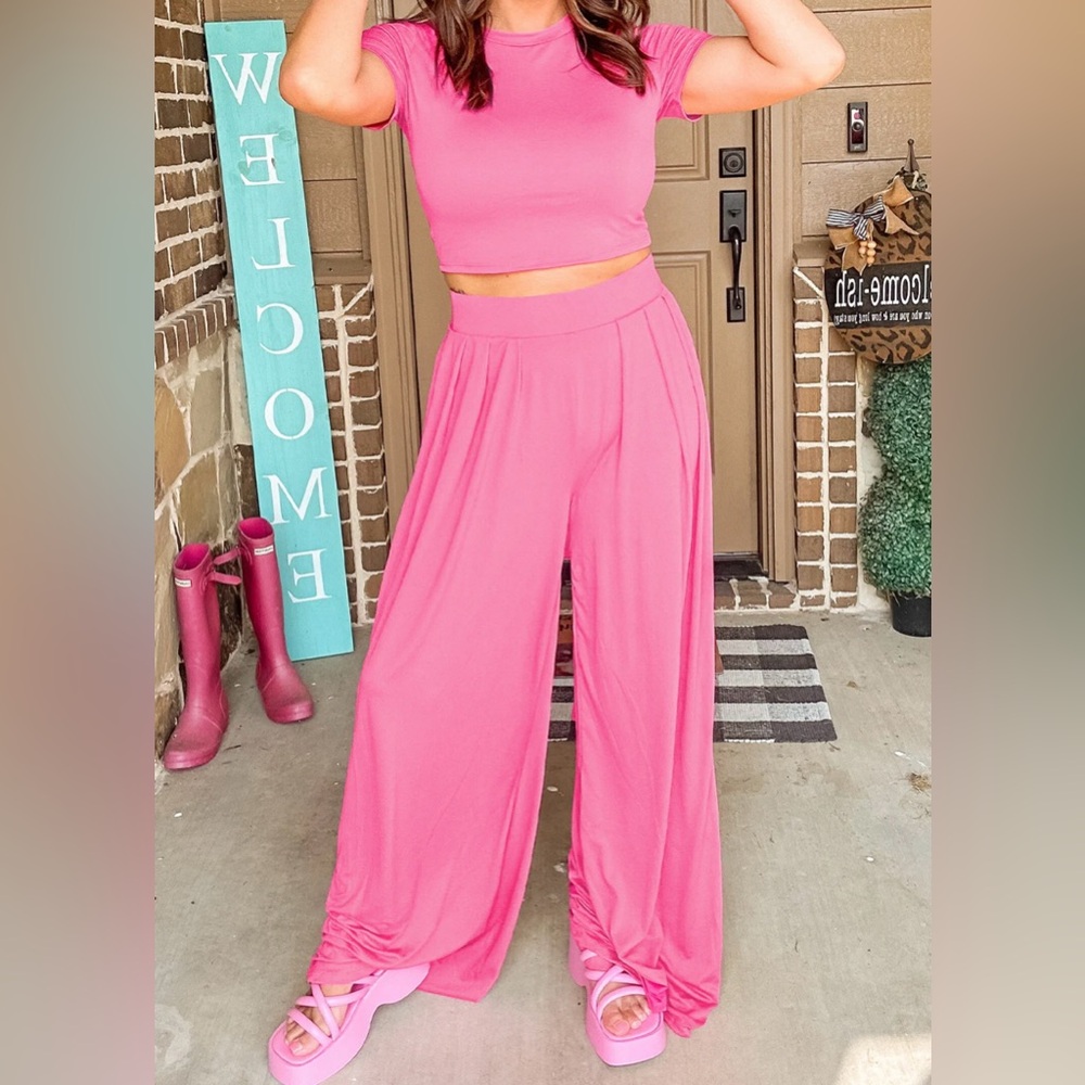 Pink Slim Fit Crop Top and Pleated Wide Leg Pants set